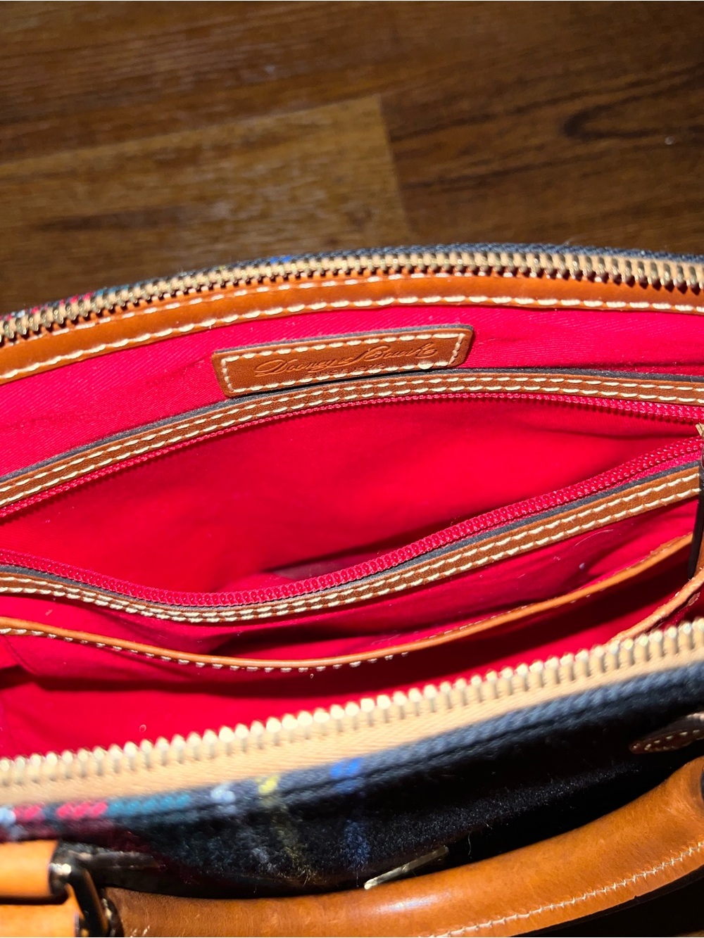 Dooney & Bourke Navy Quiet Luxury Plaid Red Tartan Leather Trim Zip Up Satchel - Picture 10 of 15